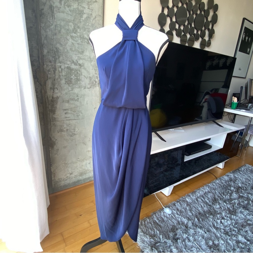 Shona Joy Navy Knot Draped Halter Dress